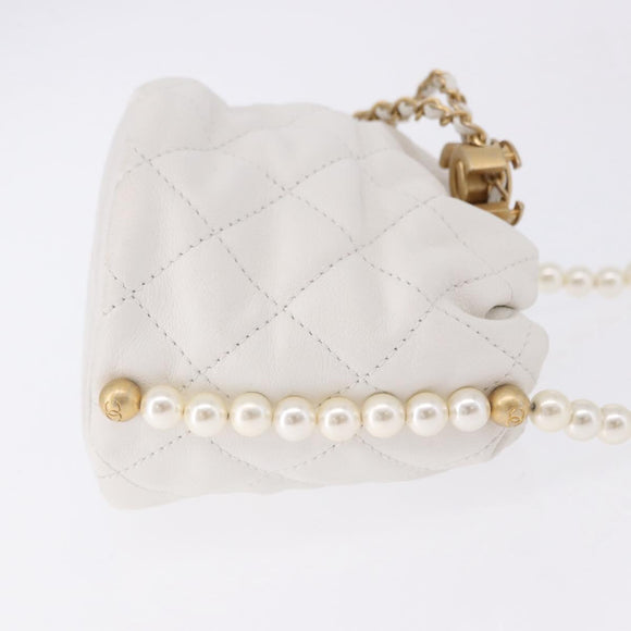 CHANEL Matelasse Chain Shoulder Bag Lamb Skin White Gold CC Auth ka5241M