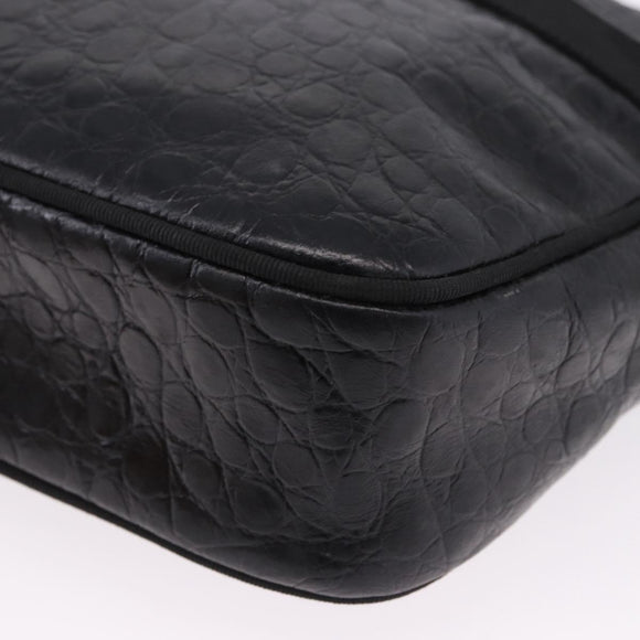 Salvatore Ferragamo Vala Shoulder Bag Leather Embossed Black Gold Auth ka5282