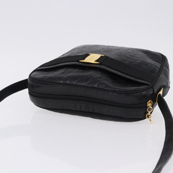 Salvatore Ferragamo Vala Shoulder Bag Leather Embossed Black Gold Auth ka5282