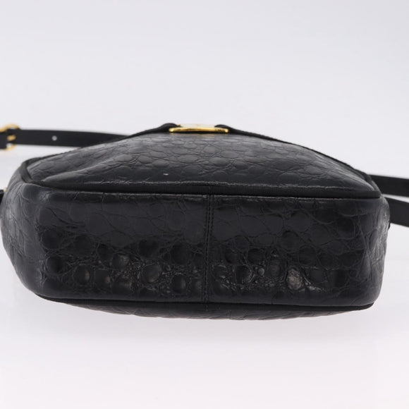 Salvatore Ferragamo Vala Shoulder Bag Leather Embossed Black Gold Auth ka5282
