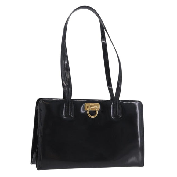 Salvatore Ferragamo Gancini Tote Bag Patent leather Black Gold Auth ka5291A