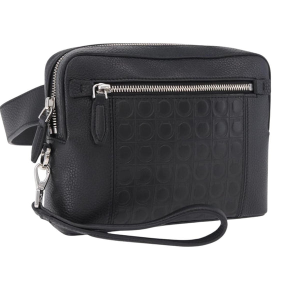 Salvatore Ferragamo Gancini Waist bag Leather Black Silver Auth ka5295A