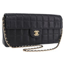 CHANEL Choco Bar Line Chain Shoulder Bag Leather Black Gold CC Auth ka5317V-1