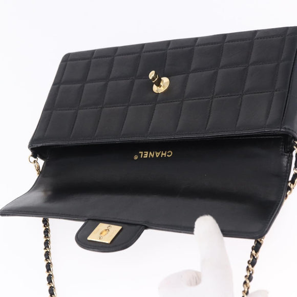 CHANEL Choco Bar Line Chain Shoulder Bag Leather Black Gold CC Auth ka5317V