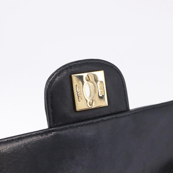 CHANEL Choco Bar Line Chain Shoulder Bag Leather Black Gold CC Auth ka5317V