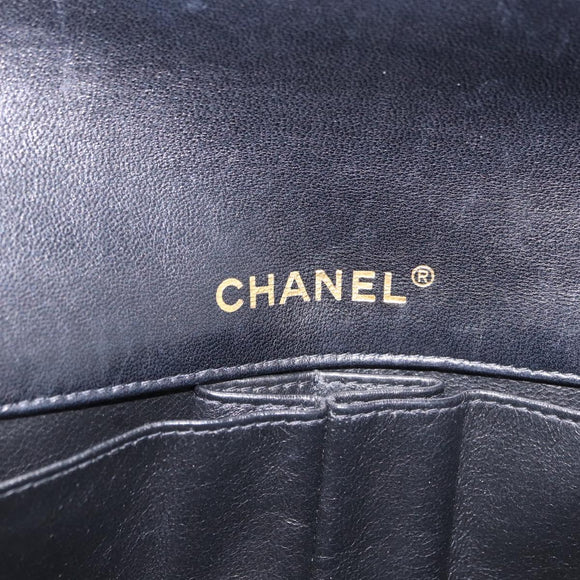 CHANEL Choco Bar Line Chain Shoulder Bag Leather Black Gold CC Auth ka5317V