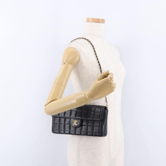 CHANEL Choco Bar Line Chain Shoulder Bag Leather Black Gold CC Auth ka5317V