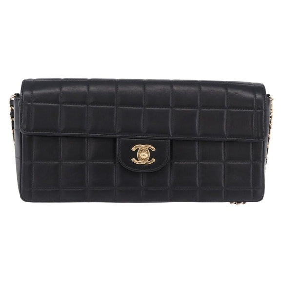 CHANEL Choco Bar Line Chain Shoulder Bag Leather Black Gold CC Auth ka5317V