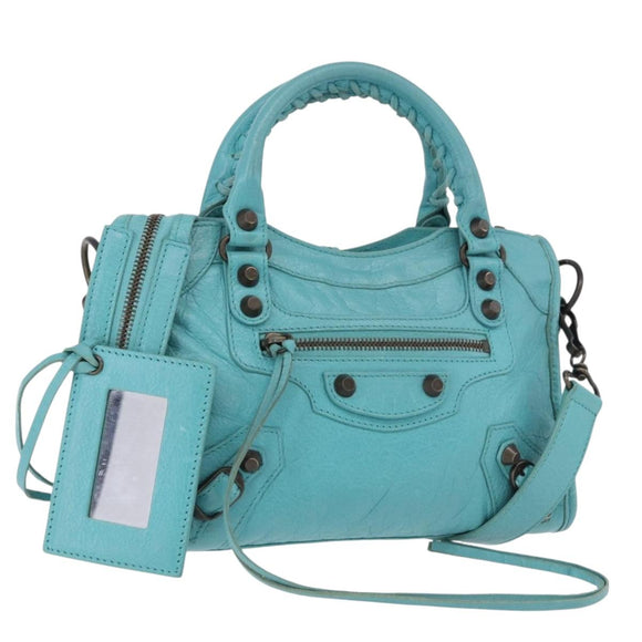 BALENCIAGA Classic Mini City Bag Leather 2way Turquoise Blue 300295 Auth ka5318M
