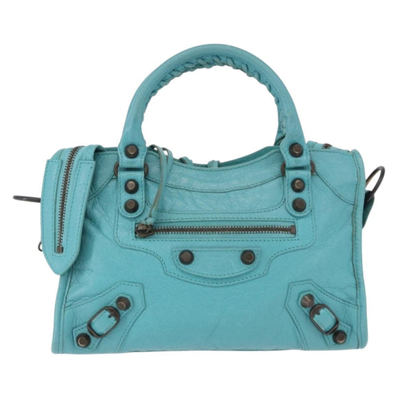 BALENCIAGA Classic Mini City Bag Leather 2way Turquoise Blue 300295 Auth ka5318M
