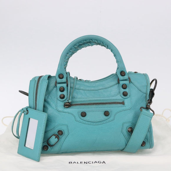 BALENCIAGA Classic Mini City Bag Leather 2way Turquoise Blue 300295 Auth ka5318M