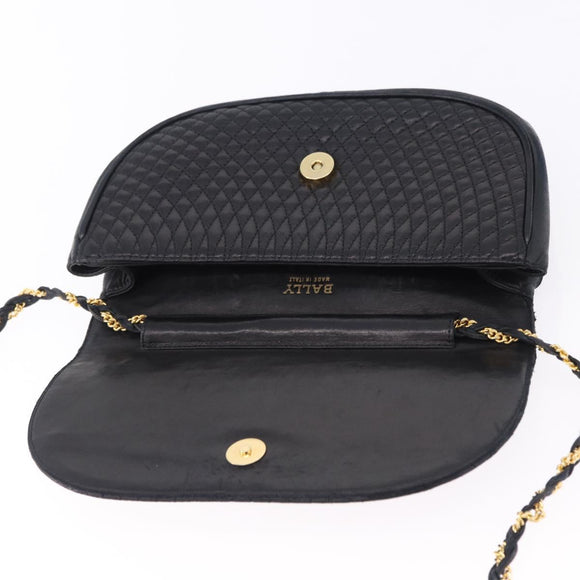 BALLY Chain Shoulder Bag Leather Black Gold Tone Auth ka5331