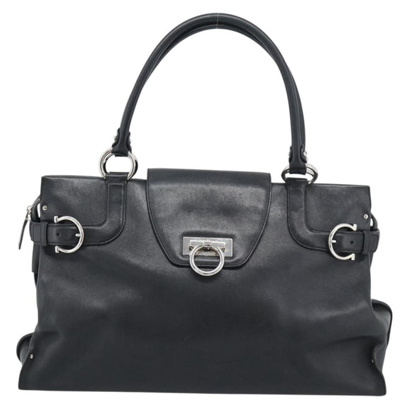Salvatore Ferragamo Gancini Tote Bag Leather Black Silver Auth ka5338A