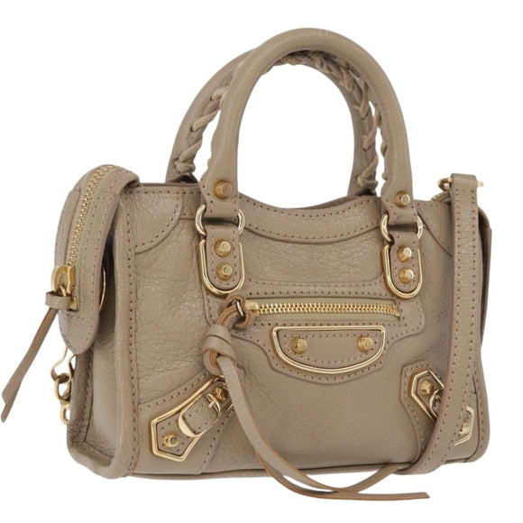 BALENCIAGA Mini City Hand Bag Leather 2way Beige Gold Tone 453293 Auth ka5352V