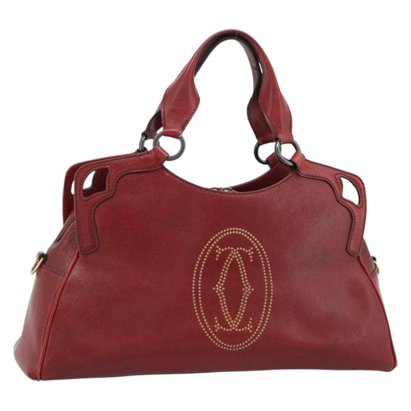 CARTIER Marcello Hand Bag Leather Red Gold Tone Auth ka5383A