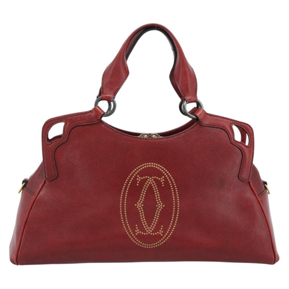 CARTIER Marcello Hand Bag Leather Red Gold Tone Auth ka5383A