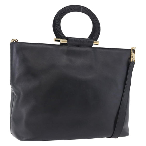 CELINE Hand Bag Leather 2way Black Gold Tone Auth ka5384V