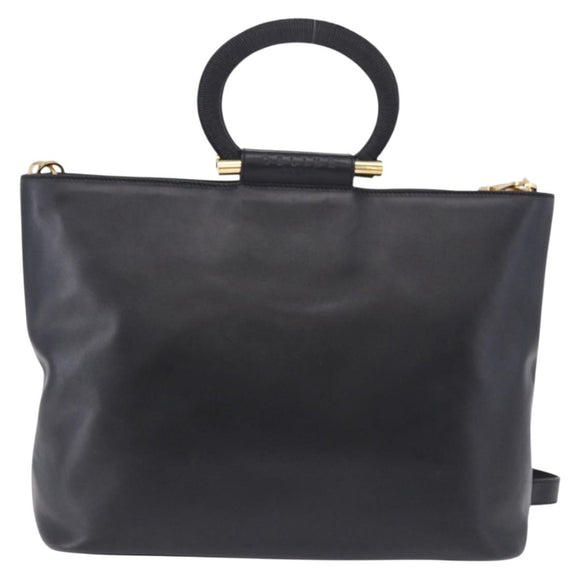 CELINE Hand Bag Leather 2way Black Gold Tone Auth ka5384V