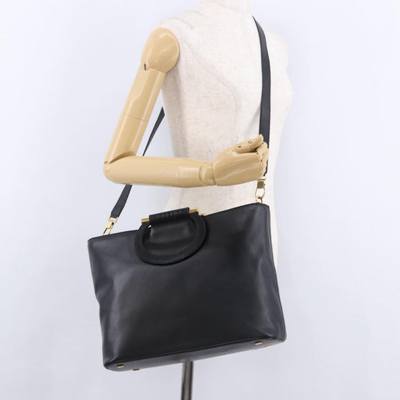 CELINE Hand Bag Leather 2way Black Gold Tone Auth ka5384V