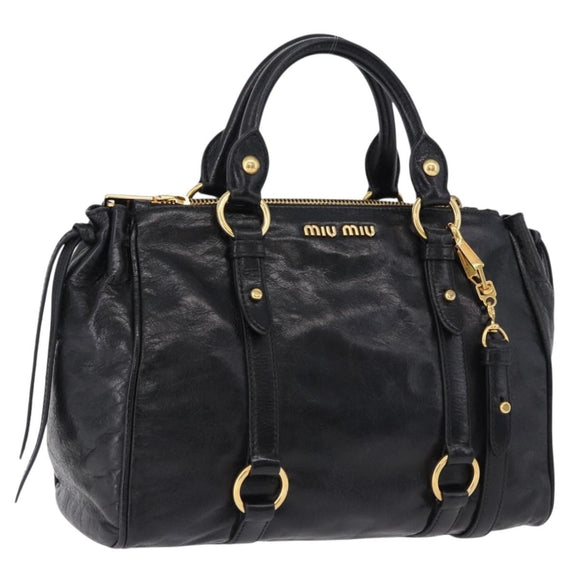Miu Miu Hand Bag Leather 2way Black Gold Tone Auth ka5386M
