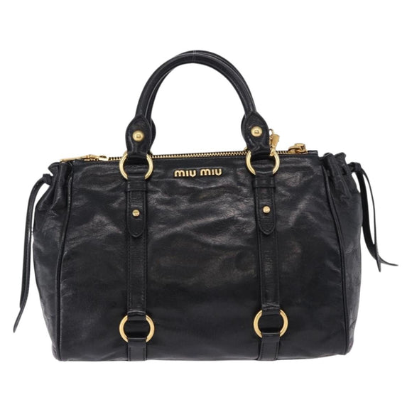Miu Miu Hand Bag Leather 2way Black Gold Tone Auth ka5386M