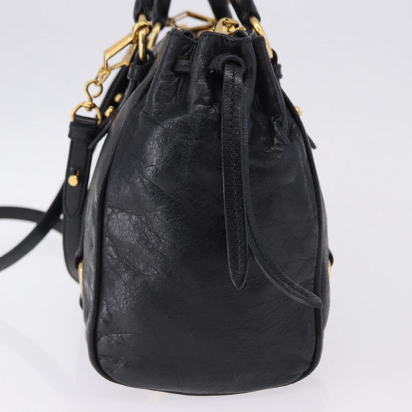 Miu Miu Hand Bag Leather 2way Black Gold Tone Auth ka5386M