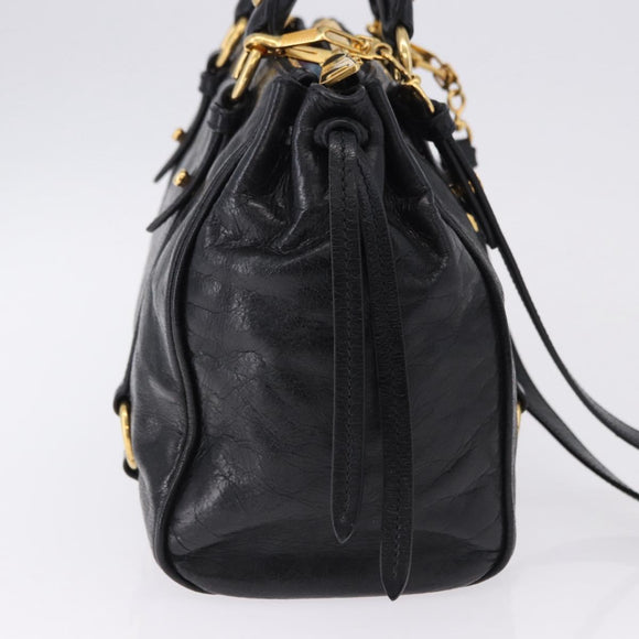 Miu Miu Hand Bag Leather 2way Black Gold Tone Auth ka5386M