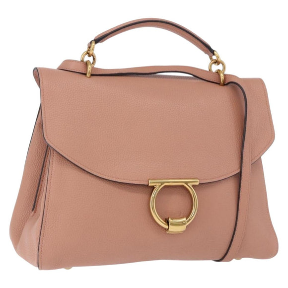 Salvatore Ferragamo Gancini Hand Bag Leather 2way Pink Gold Tone Auth ka5387V