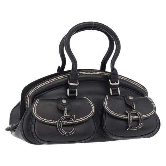Christian Dior Hand Bag Leather Black Silver Auth ka5389M