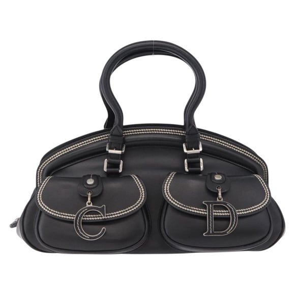 Christian Dior Hand Bag Leather Black Silver Auth ka5389M