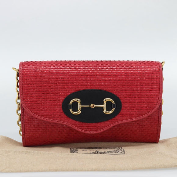 GUCCI Horsebit Chain Shoulder Bag Leather Red Gold Tone 655667 Auth ka5396V