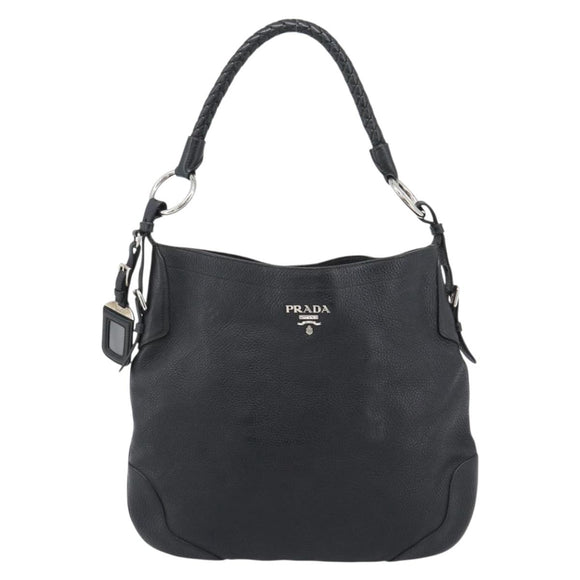 PRADA Shoulder Bag Leather Black Silver Auth ka5401V