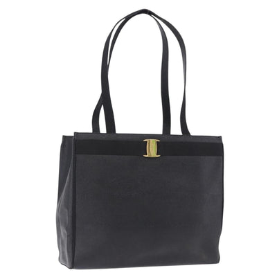 Salvatore Ferragamo Vala Ribbon Tote Bag Leather Black Gold Tone Auth ka5406A