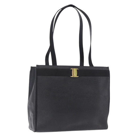 Salvatore Ferragamo Vala Ribbon Tote Bag Leather Black Gold Tone Auth ka5406A