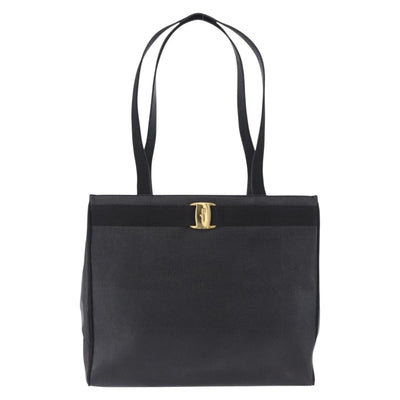 Salvatore Ferragamo Vala Ribbon Tote Bag Leather Black Gold Tone Auth ka5406A - 0