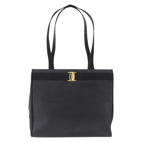Salvatore Ferragamo Vala Ribbon Tote Bag Leather Black Gold Tone Auth ka5406A
