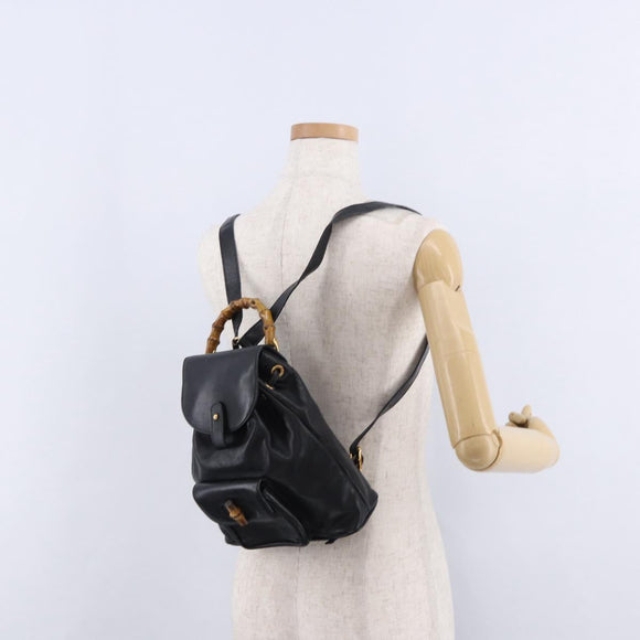 GUCCI Bamboo Backpack Leather Black Gold Tone 003 1705 0030 Auth ka5411A