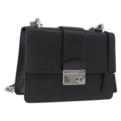 PRADA Chain Shoulder Bag Safiano leather Black Silver Auth ka5415