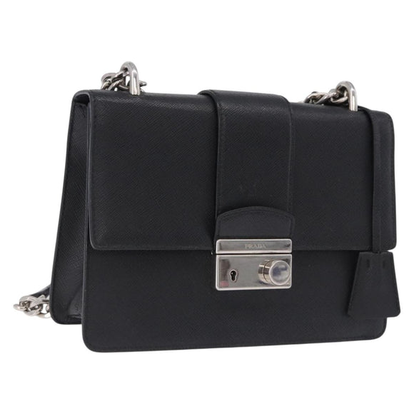 PRADA Chain Shoulder Bag Safiano leather Black Silver Auth ka5415