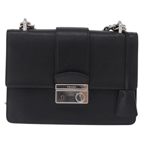 PRADA Chain Shoulder Bag Safiano leather Black Silver Auth ka5415