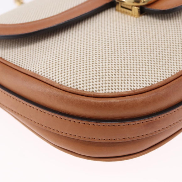CELINE Chain Shoulder Bag Canvas Beige Gold Tone Auth ka5419V