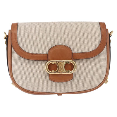 CELINE Chain Shoulder Bag Canvas Beige Gold Tone Auth ka5419V - 0