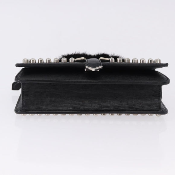 FENDI Karito Chain Shoulder Wallet Leather Black Silver 8M0346 Auth ka5424V