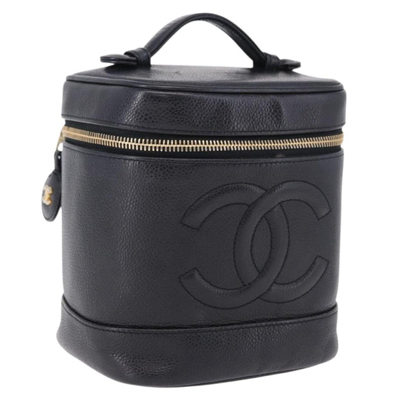 CHANEL COCO Mark Vanity Cosmetic Pouch Caviar Skin Black Gold CC Auth ka5432