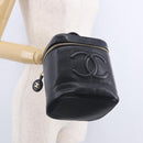 CHANEL COCO Mark Vanity Cosmetic Pouch Caviar Skin Black Gold CC Auth ka5432-22