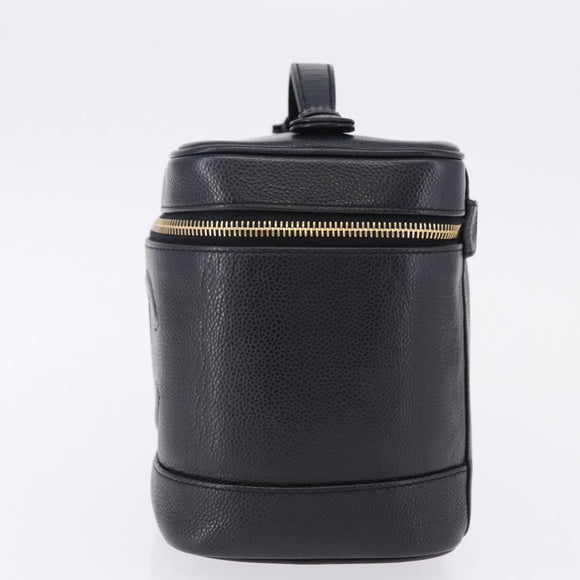CHANEL COCO Mark Vanity Cosmetic Pouch Caviar Skin Black Gold CC Auth ka5432