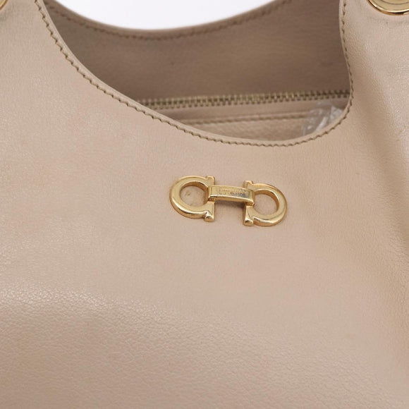 Salvatore Ferragamo Gancini Hand Bag Leather Beige Gold Tone Auth ka5439