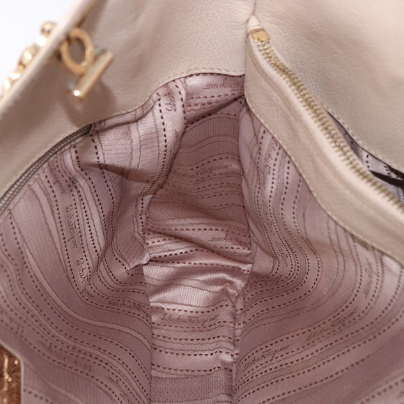 Salvatore Ferragamo Gancini Hand Bag Leather Beige Gold Tone Auth ka5439