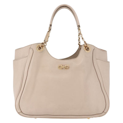 Salvatore Ferragamo Gancini Hand Bag Leather Beige Gold Tone Auth ka5439 - 0
