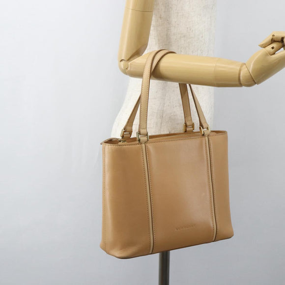 BURBERRY Hand Bag Leather Beige Gold Auth ka544